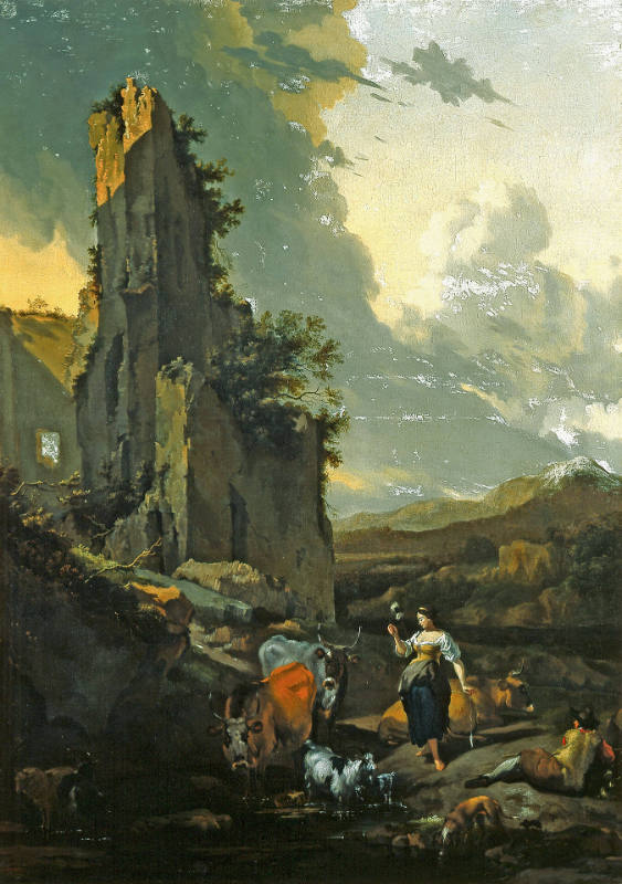 An Italianate Landscape with Animals, a Shepherd, and a Peasant Woman Holding a Distaff