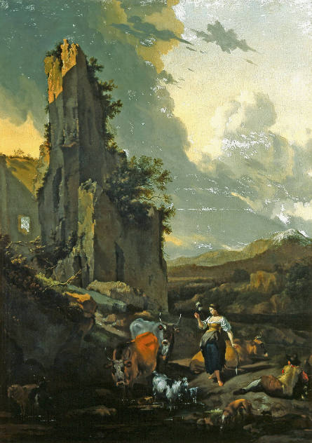 An Italianate Landscape with Animals, a Shepherd, and a Peasant Woman Holding a Distaff