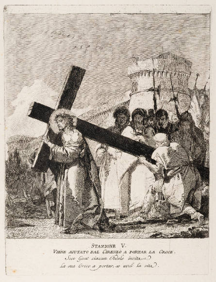 Stazione V: Viene Aiutato dal Cireneo a portar la Croce [Station V: Jesus is Helped by Simon of Cyrene to Carry the Cross], from Via Crucis [Stations of the Cross]