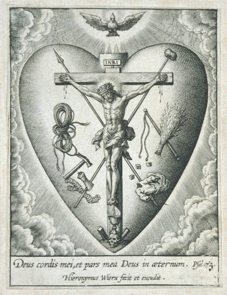 Christ on the Cross, against a heart with the instruments of the Passion