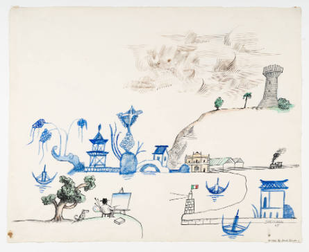 Untitled (Pagodas and Italian buildings in landscape with artist)