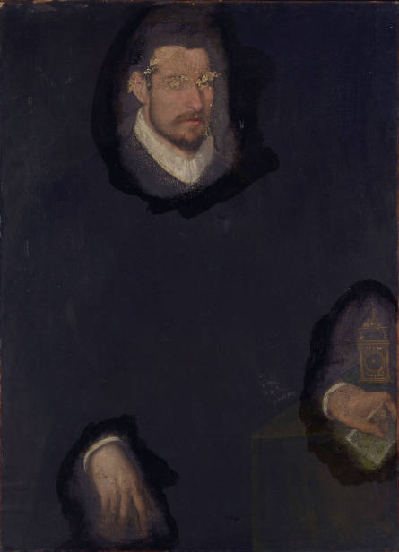Portrait of a Man, standing three-quarter length, in a black costume, by a table