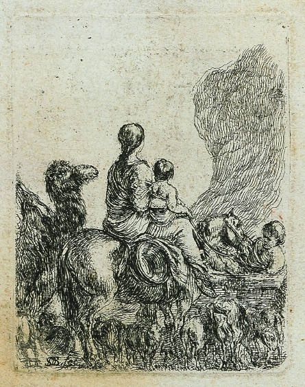 A Woman and Child, on Horseback, Followed by a Camel, Ewes and a Young Boy, from Diverses figures et griffonnements [Various figures and sketches]