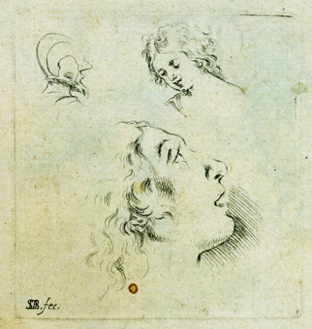 Below, the Head of a Woman in Profile to the Right, Above, the Head of a Youth and on the Left, the Head of a Soldier with a Helmet, from Recueil de divers griffonnements et preuves d'eau-forte [Collection of various sketches and etching poofs]