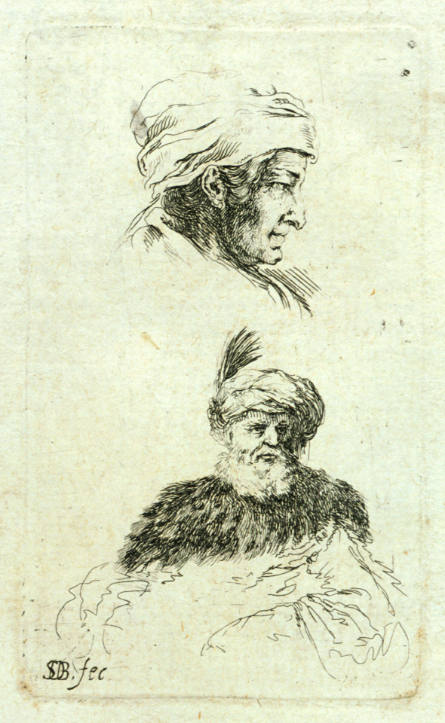 Above, profile of old woman wearing a turban, below bust of a man wearing a feathered turban and a fur gown, from Recueil de divers griffonnements et preuves d'eau forte [Collection of various sketches and etching proofs]