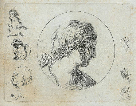 Large head of a woman looking right, with three male heads in left margin and three tiny figures on right, from Seond recueil de divers griffonnements et preuves d'eau forte [Second collection of various sketches and etching proofs]