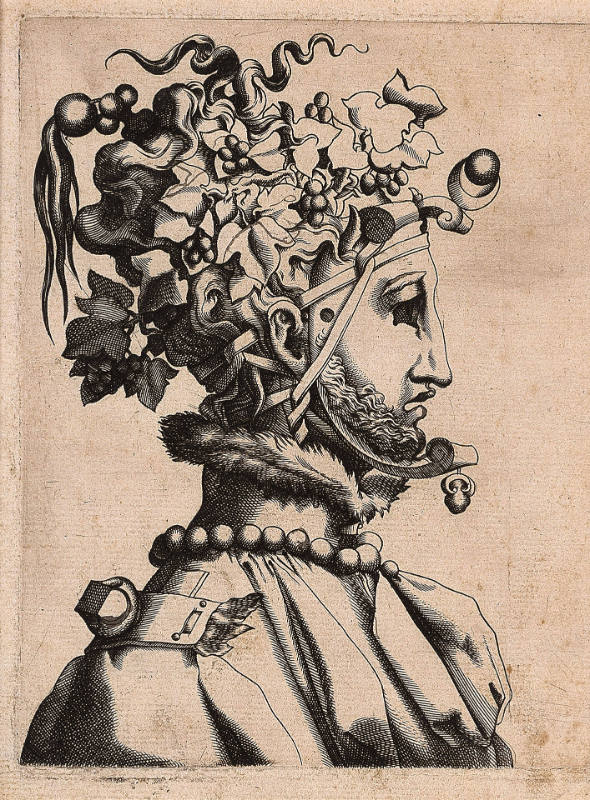 Fantastical Masked Male Head, after a drawing by Léonard Thiry (after designs by Rosso Fiorentino?)