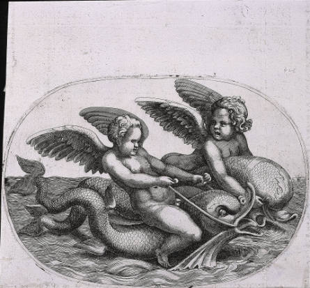 Two Putti Riding on Dolphins, after Giulio Romano