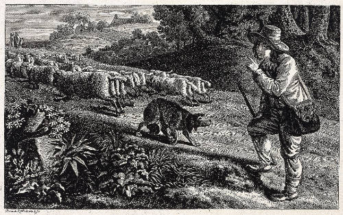 Shepherd with Dog and Departing Flock