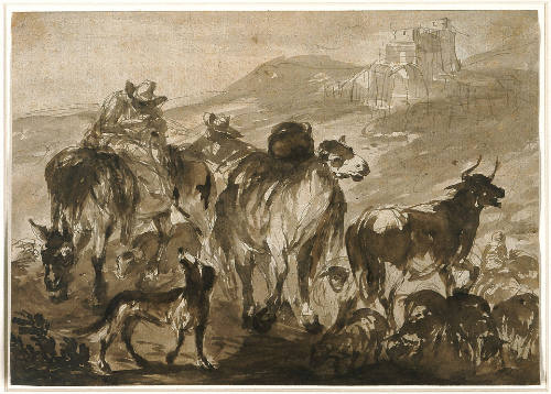 Two Peasants with a Herd and Camel