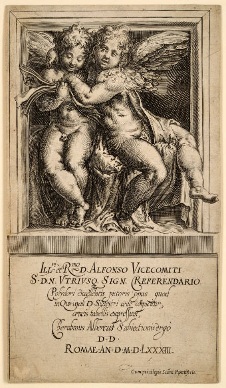 Two Putti Seated, Holding a Book of Music (with text), after Polidoro