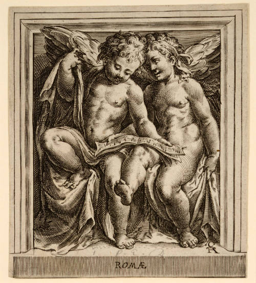 Two Putti Seated Holding a Book of Music (without text), after Polidoro