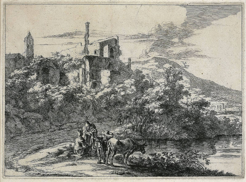 Landscape with Ruins and Two Cows at the Waterside