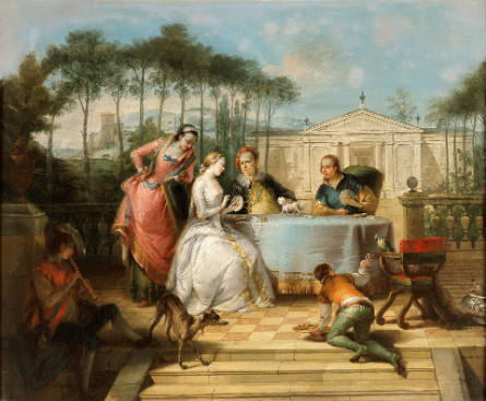 Young Noble Couple Playing Cards on a Terrace with Attendants
