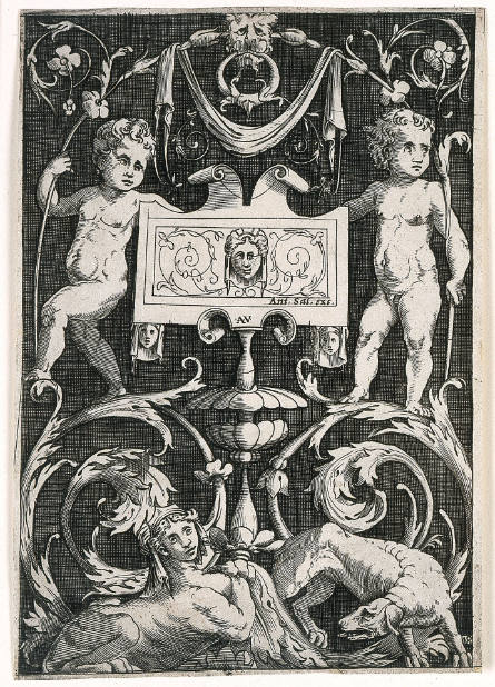 Two Putti with a Cartouche above a Sphinx and a Dog, from Panels of Ornament, after Giovanni da Udine