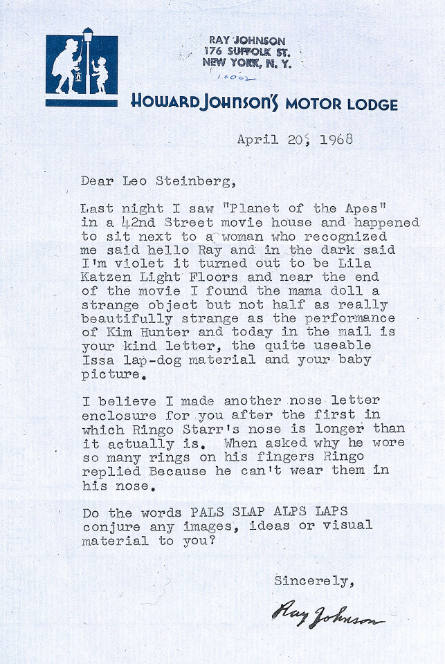 Correspondence sent to Leo Steinberg from Ray Johnson, April 20, 1968