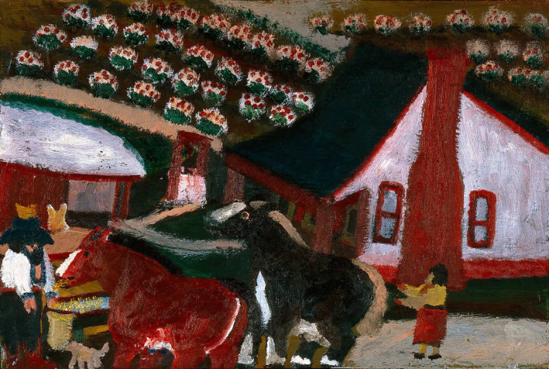Untitled (Landscape with 2 horses in front of house)