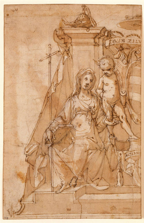 Personification of Religion with a Putto Flanking the Arms of a Cardinal