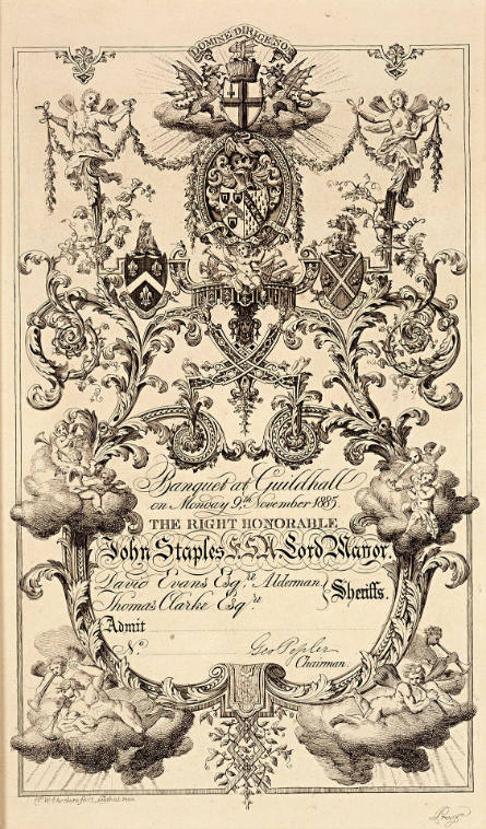 Banquet at Guildhall, Nov. 9, 1885, Ticket of Admission; Sir John Staples