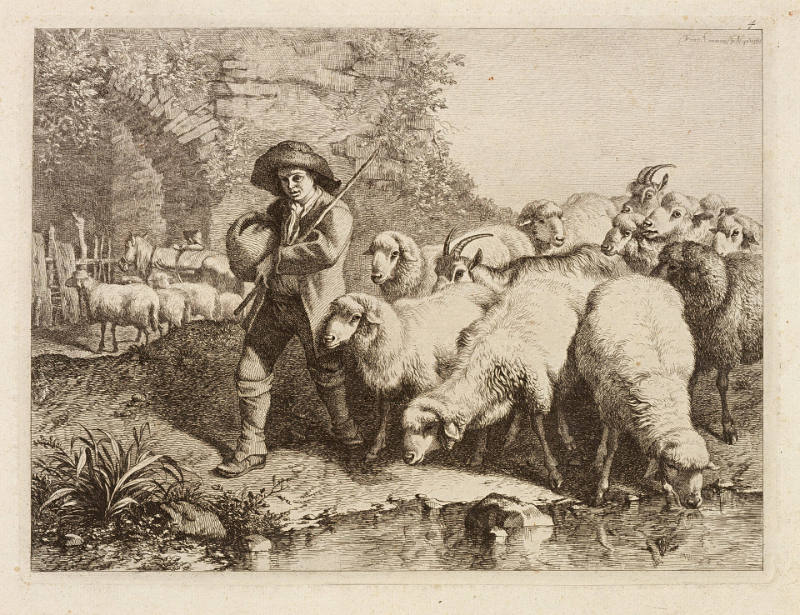 Shepherd with a Sack, Leading His Flock, Plate 4, from The Twelve Etchings Dedicated to Lord Exeter