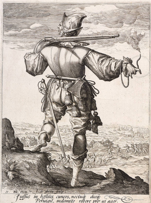 Helmeted Musketeer, plate 11 from Officers and Soldiers, after Hendrick Goltzius