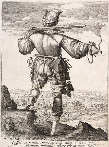 Helmeted Musketeer, plate 11 from Officers and Soldiers, after Hendrick Goltzius