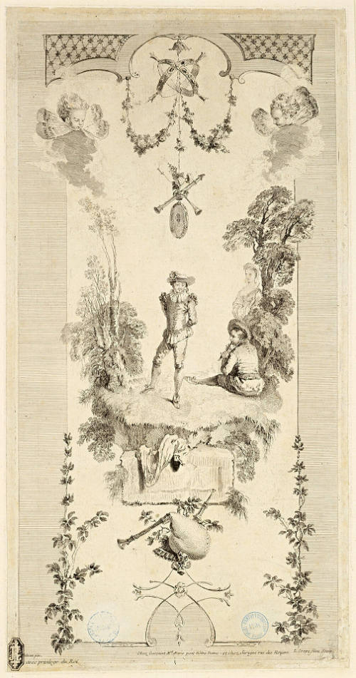 Berger dansant au son de la flûte [Composition with Dancer, Flautist and Young Woman], plate 2 from Paravent de six feuilles [Folding Screen of Six Panels], after Jean-Antoine Watteau