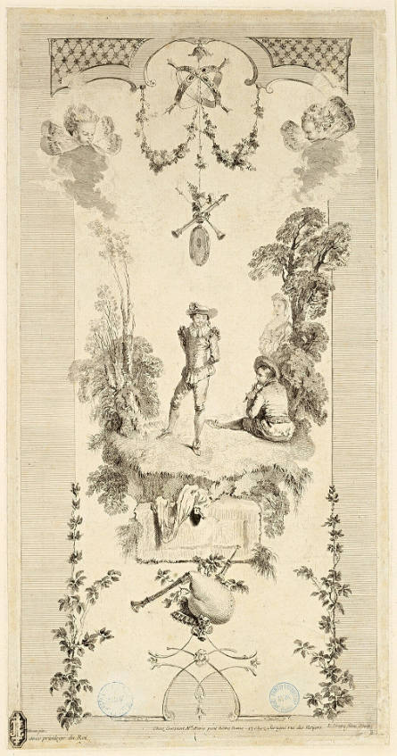Berger dansant au son de la flûte [Composition with Dancer, Flautist and Young Woman], plate 2 from Paravent de six feuilles [Folding Screen of Six Panels], after Jean-Antoine Watteau