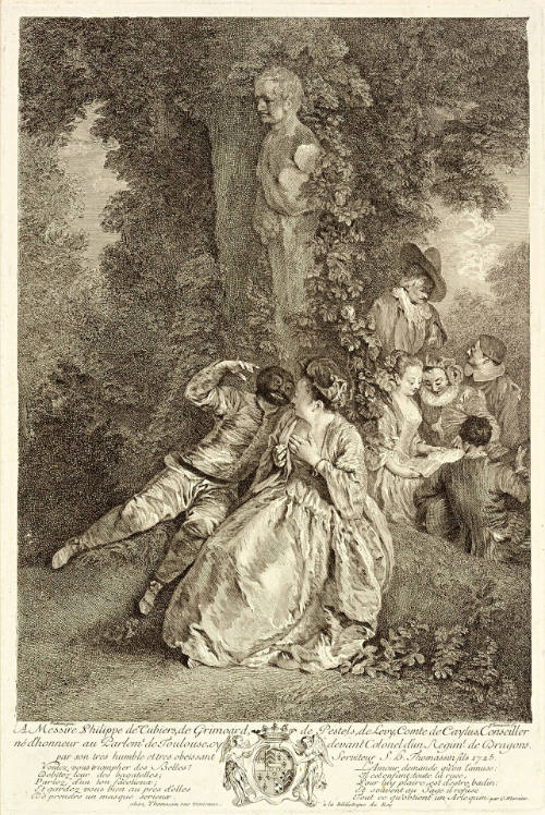 Young Lady with Harlequin and Five Characters from the Commedia dell'Arte [Voulez-vous triompher des belles?], after Jean-Antoine Watteau