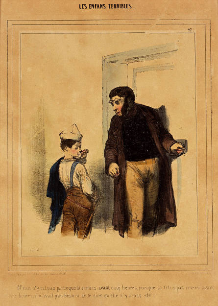 M’man [sic] n’y est pas parce que tu rentres avant cinq heures [Mama is not there because you returned before five o’clock], plate 47 from Les Enfans [sic] terribles [Terrible Children], in Le Charivari, 3 October 1841