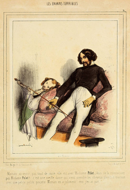 Maman, va venir, pas tout de suite: elle est avec madame Pelet [Mama will come, but not right away: She is with Madame Pelet], plate 9 from Les Enfans [sic] terribles [Terrible Children], in Le Charivari, 31 May 1840