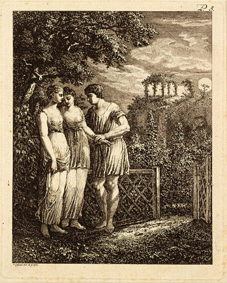 Two Maidens and a Youth at Garden Gate