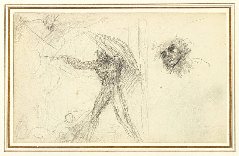 Satan, Sin, and Death, with a Study of the Head of Satan, from Paradise Lost, Book II (recto), Two Angels and Combat Scene (verso)