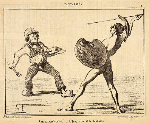 Combat des écoles - L'Idéalisme et le Réalisme [Battle of the Schools - Idealism and Realism], plate 1 from Fantaisies, in Le Charivari, 24 April 1855