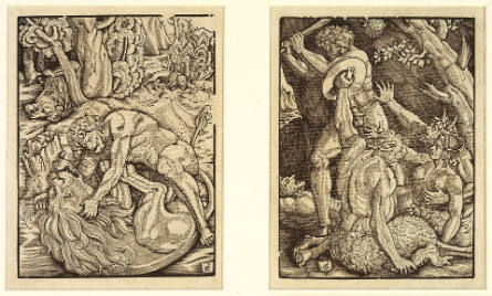Hercules and the Nemean Lion; Hercules Fighting Two Satyrs with a Nymph, from The Labors of Hercules