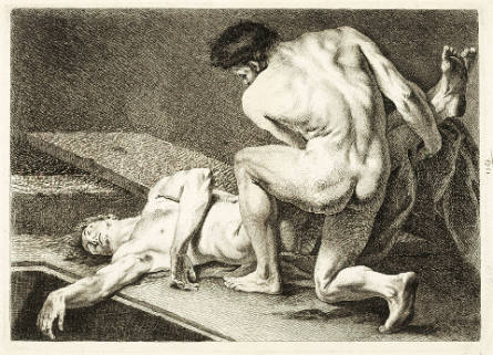 A Man Seen from Behind, Turned to the Left and Holding the Legs of an Extended Dead Man, from Six figures academiques [Six Academic Figures]