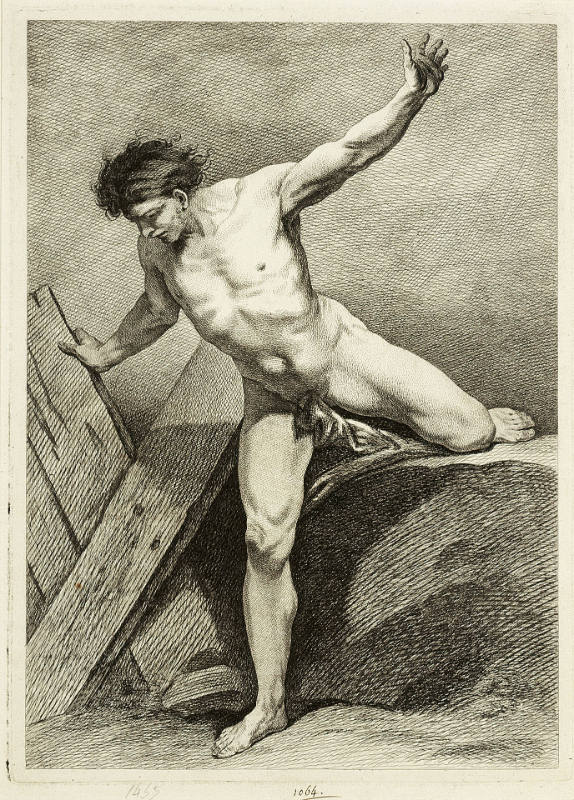 A Man Standing with His Right Leg Planted and the Other Extended Behind Him on a Large Stone, from Six figures academiques [Six Academic Figures]