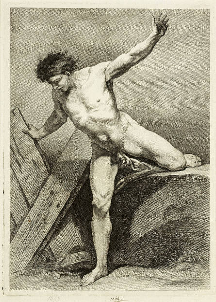 A Man Standing with His Right Leg Planted and the Other Extended Behind Him on a Large Stone, from Six figures academiques [Six Academic Figures]