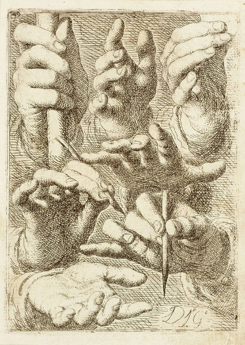 Manos. Siete (3, 1, 2, 1), la primera empuna un palo [Seven Hands, the First Holding a Staff], plate 49 from the Principios para estudiar el nobilismo y real Arte de la Pintura [Principles for Studying the Most Noble and High Art of Painting]