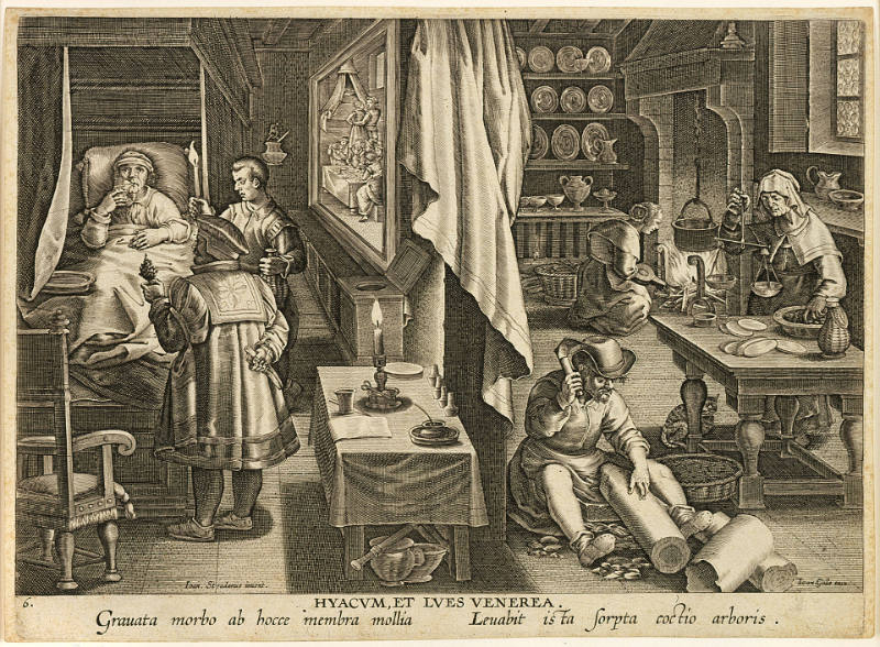 Hyacum, et Lues Venerea [The Discovery of Guaiacum as a Cure for Syphillis], plate 6 from Nova Repertum [New Inventions of Modern Times], after Jan van der Straet, called Stradanus