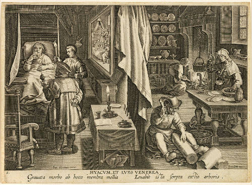 Hyacum, et Lues Venerea [The Discovery of Guaiacum as a Cure for Syphillis], plate 6 from Nova Repertum [New Inventions of Modern Times], after Jan van der Straet, called Stradanus