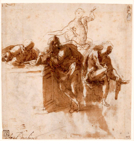 Three Figures by a Plinth and a Nude, after Raphael (recto); Figure Studies (verso)
