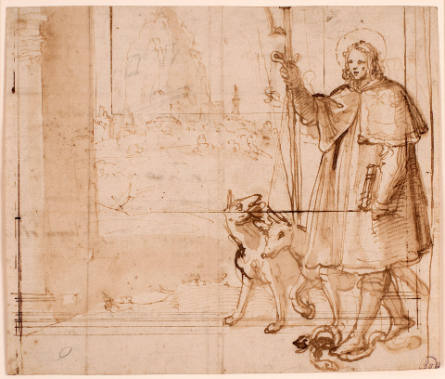 St. Roch with Two Dogs Treading on Serpents, between Pillars, a Town Beyond