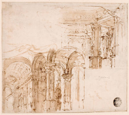 Recto: The Interior of a Palatial Gallery; verso: Caricature and other studies