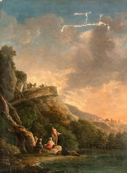 Landscape with Figures Resting by a Lake, a Village Beyond