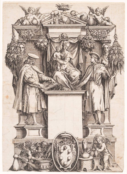 Title page with the Madonna and Child and Saints Cosmos and Damianus, with the Medici Coat of Arms