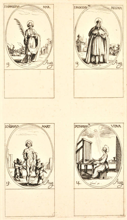 S. Hyppolyte; Se. Radegonde; S. Cassien; Se. Athanase [St. Hippolitus; St. Radegund; St. Cassian; St. Athanasia], plate 70 from Les Images des saints [Images of Saints]