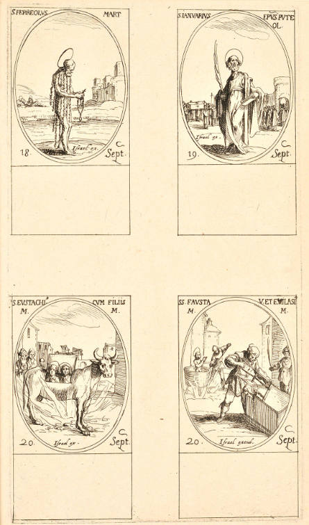 S. Ferréol; S. Janvier; S. Eustache et Ses Enfants; Se. Fauste et S. Evilase [St. Ferreolus; St. Januarius; St. Eustace and His Children; St. Fausta and St Evilasius], plate 83 from Les Images des Saints [Images of Saints]