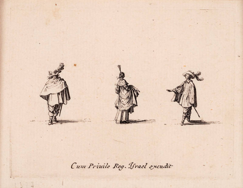 Une Dame, coiffée d’une aigrette et relevant son manteau, vue de dos, entre deux hommes [Woman Wearing an Aigrette and Raising her Coat, Seen from Behind, between Two Men], from Les Fantaisies