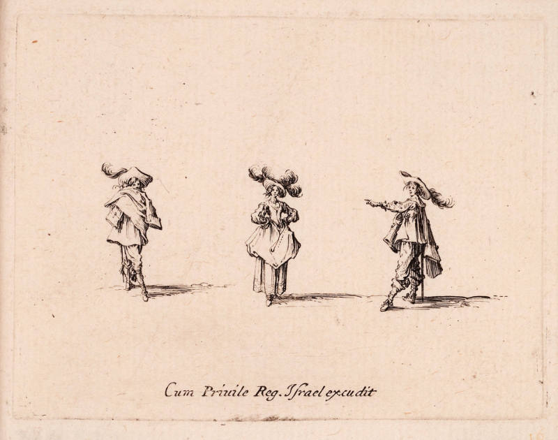 Une Dame, au chapeau orné de quatre plumes et les deux mains sur les hanches, vue de face, entre deux hommes [Woman with a Hat Decorated with Four Feathers and Her Two Hands on Her Hips, Seen from the Front, between Two Men], from Les Fantaisies